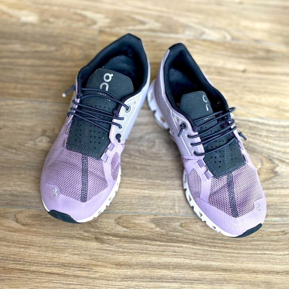 Purple and Gray on cloud running shoes.